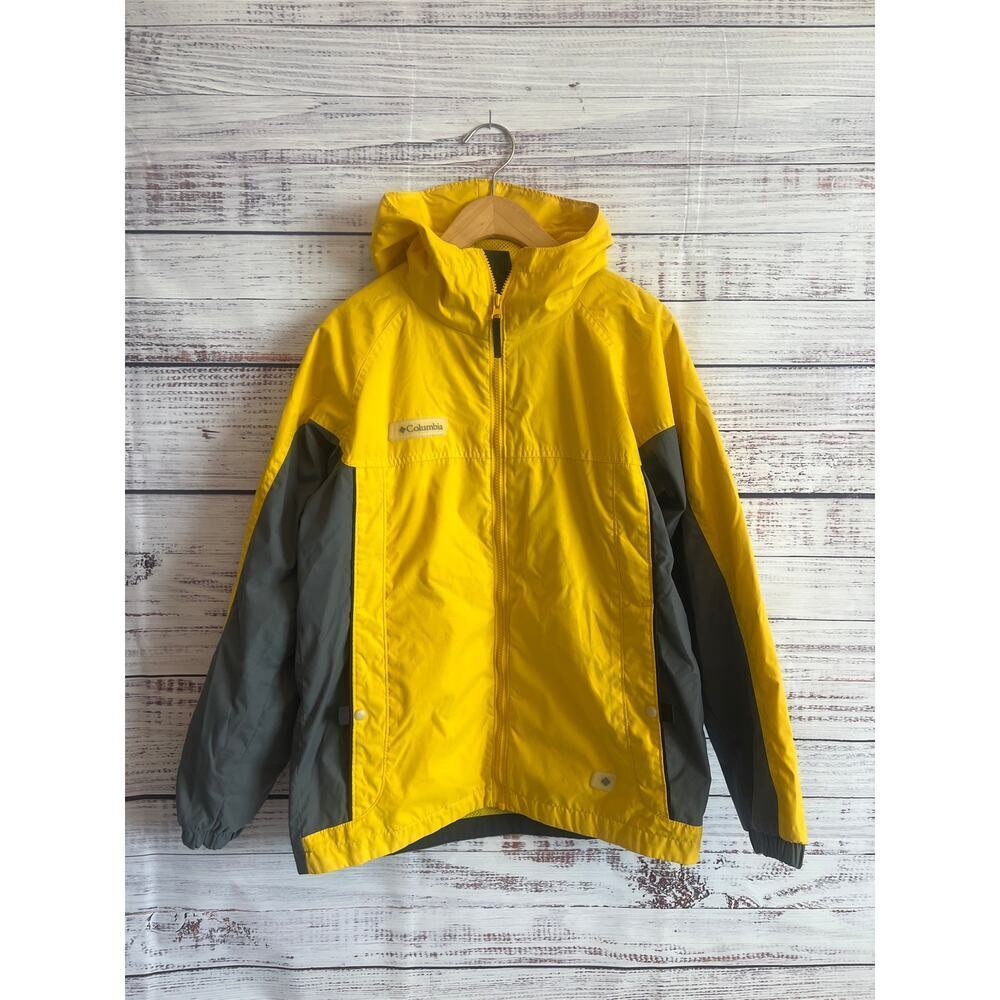 COLUMBIA VINTAGE UNISEX HOODED RAIN WINDBREAKER SHELL JACKET YELLOW GRAY 14/16